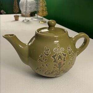 Olive green ceramic teapot with lid